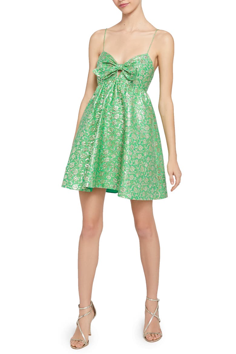 Melvina Bow Front Metallic Jacquard Babydoll Dress, Main, color, JADE MULTI
