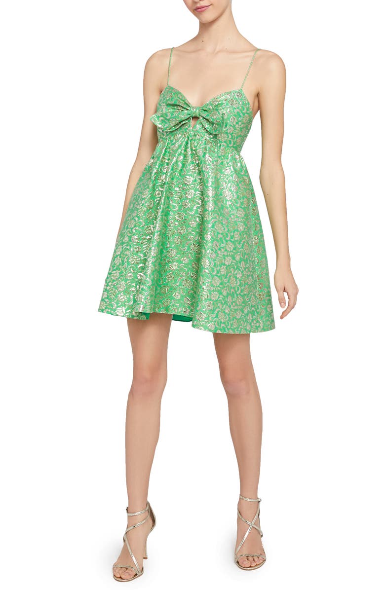 Alice + Olivia Melvina Bow Front Metallic Jacquard Babydoll Dress, Main, color,