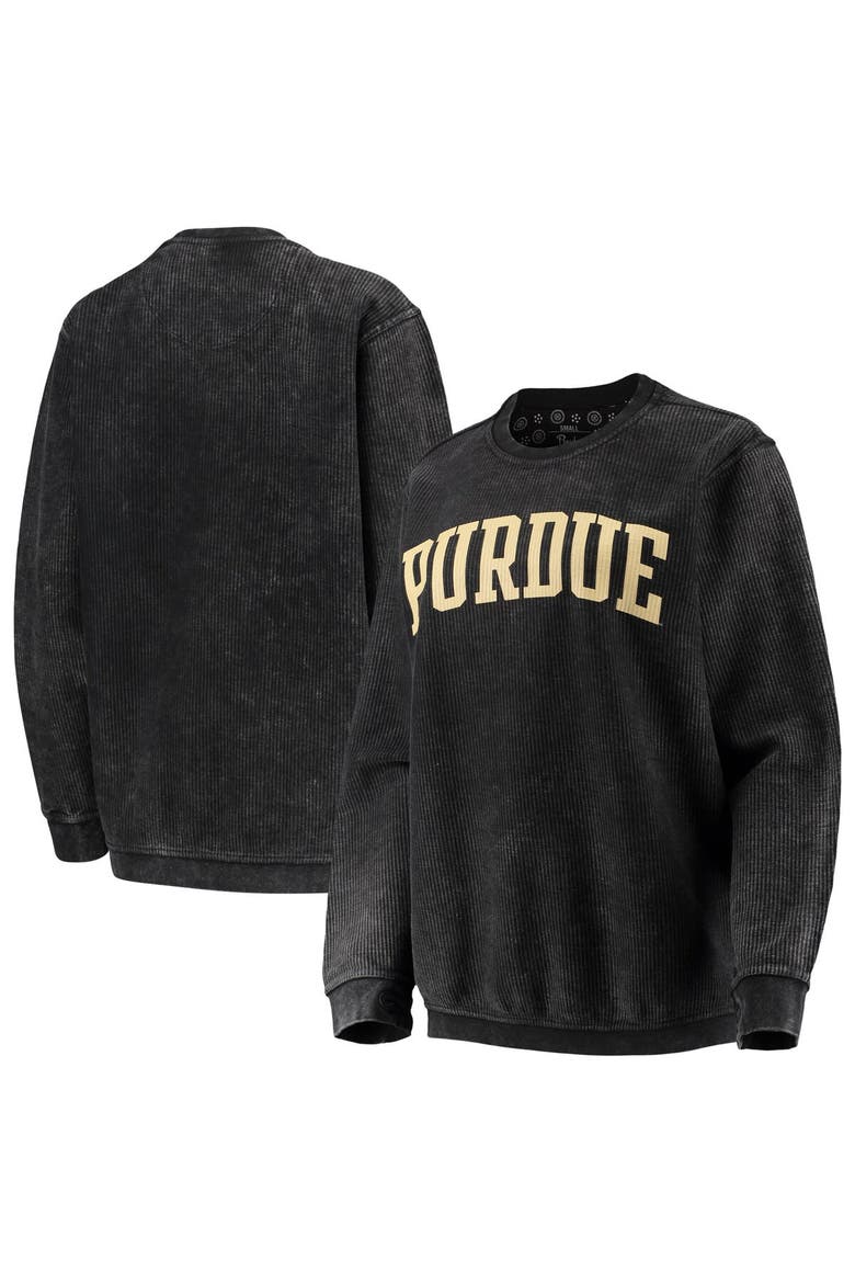 Women's Pressbox Black Purdue Boilermakers Comfy Cord Vintage Wash Basic Arch Pullover Sweatshirt, Main, color, Black