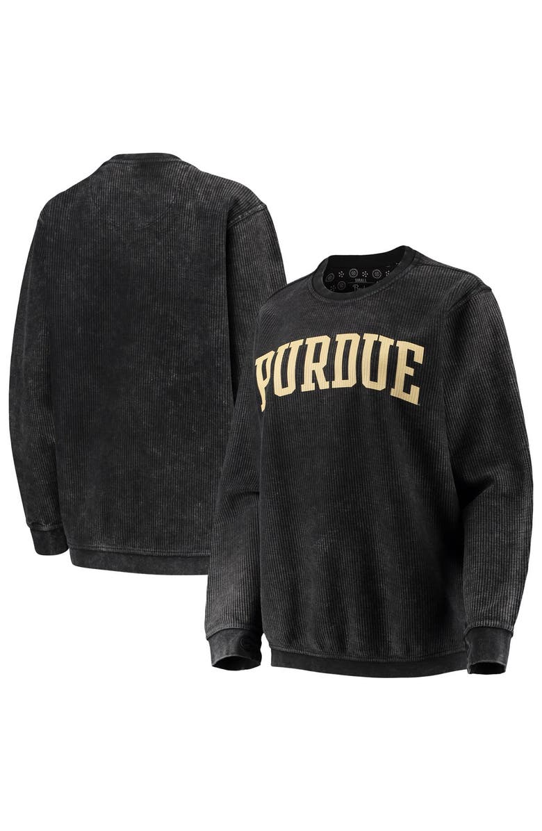 PRESSBOX Women's Pressbox Black Purdue Boilermakers Comfy Cord Vintage Wash Basic Arch Pullover Sweatshirt, Main, color, Black