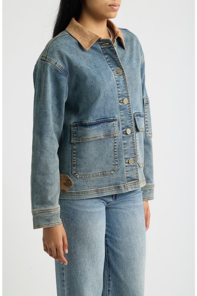 Faux Suede Collar Denim Jacket, Alternate, color, INDIGO