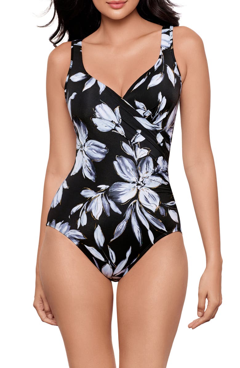 Miraclesuit<sup>®</sup> Fiore di Luna It's a Wrap One-Piece Swimsuit, Main, color, Black/White