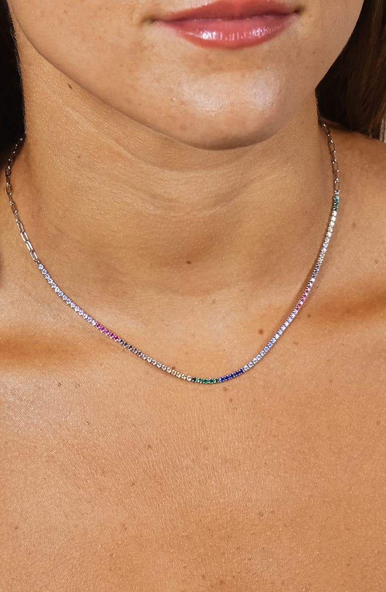 Sterling Forever Maria Rainbow Cubic Zirconia Frontal Tennis Necklace, Alternate, color, Silver