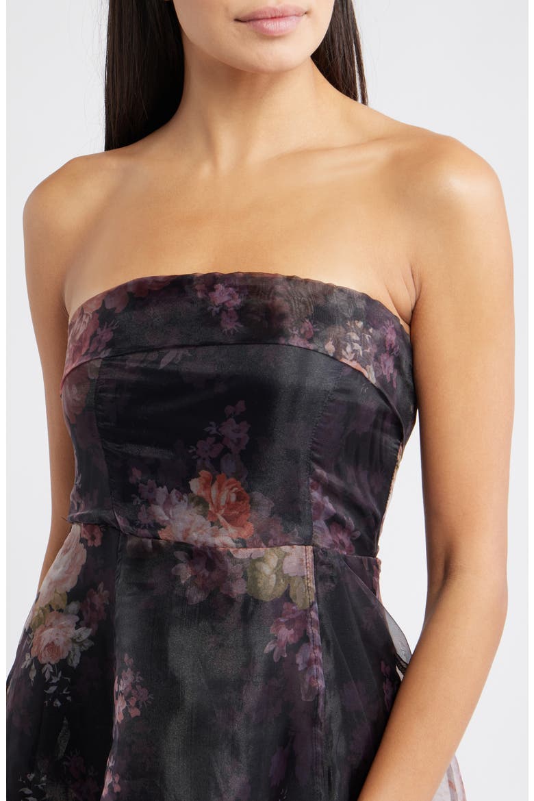 Elena Strapless Organza Midi Dress, Alternate, color, BLACK FLORAL