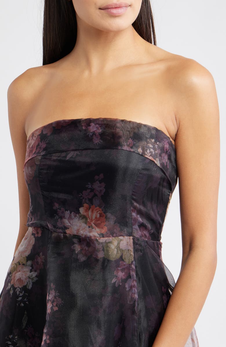 Lulus Elena Strapless Organza Midi Dress, Alternate, color, Black Floral