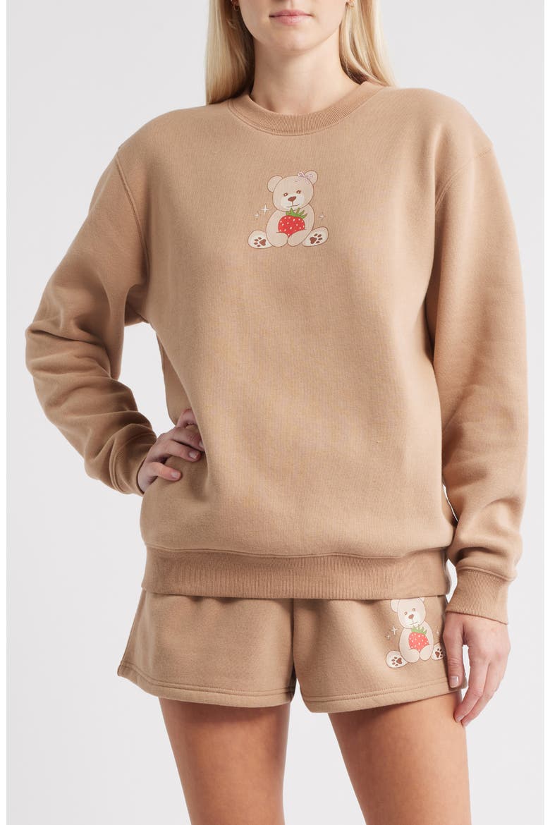 Teddy Bear & Strawberry Crewneck Sweatshirt, Main, color, TAN