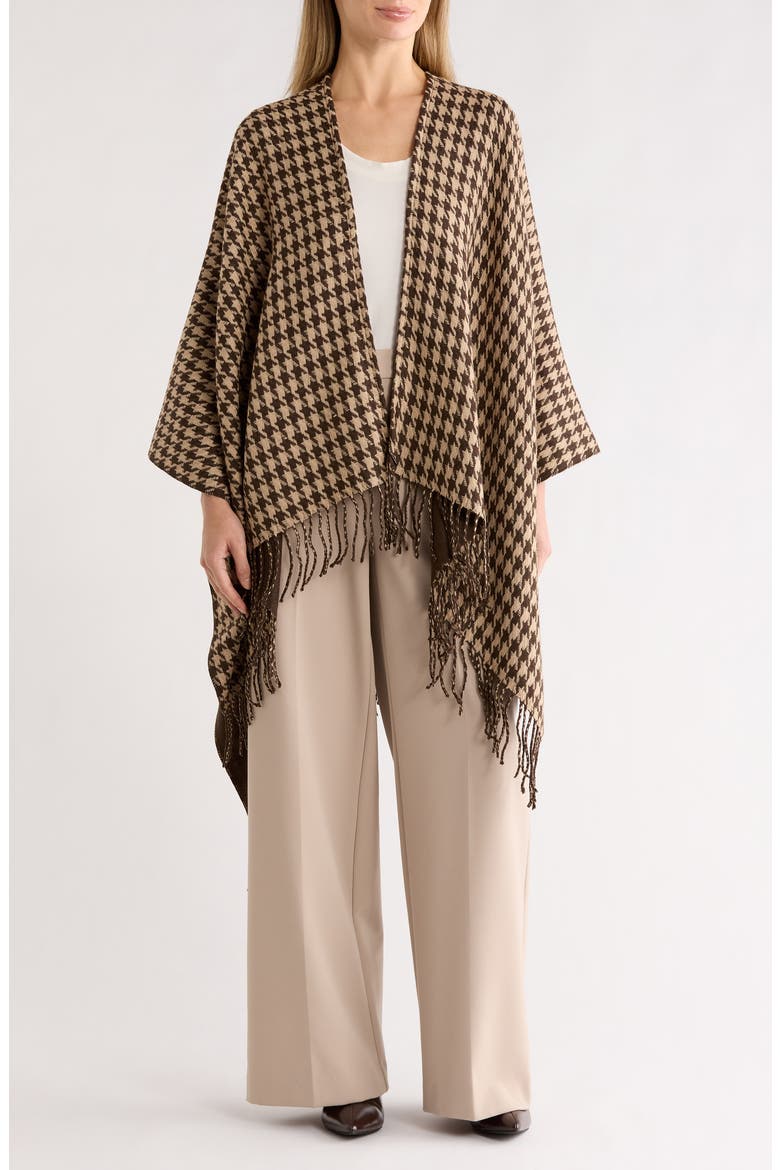 Houndstooth Fringe Trim Ruana, Main, color, BROWN
