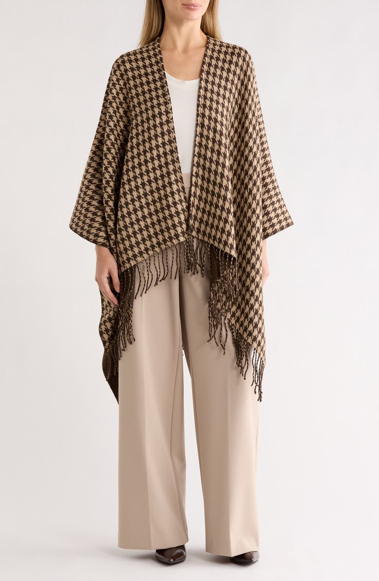 La Fiorentina Houndstooth Fringe Trim Ruana, Main, color, Brown