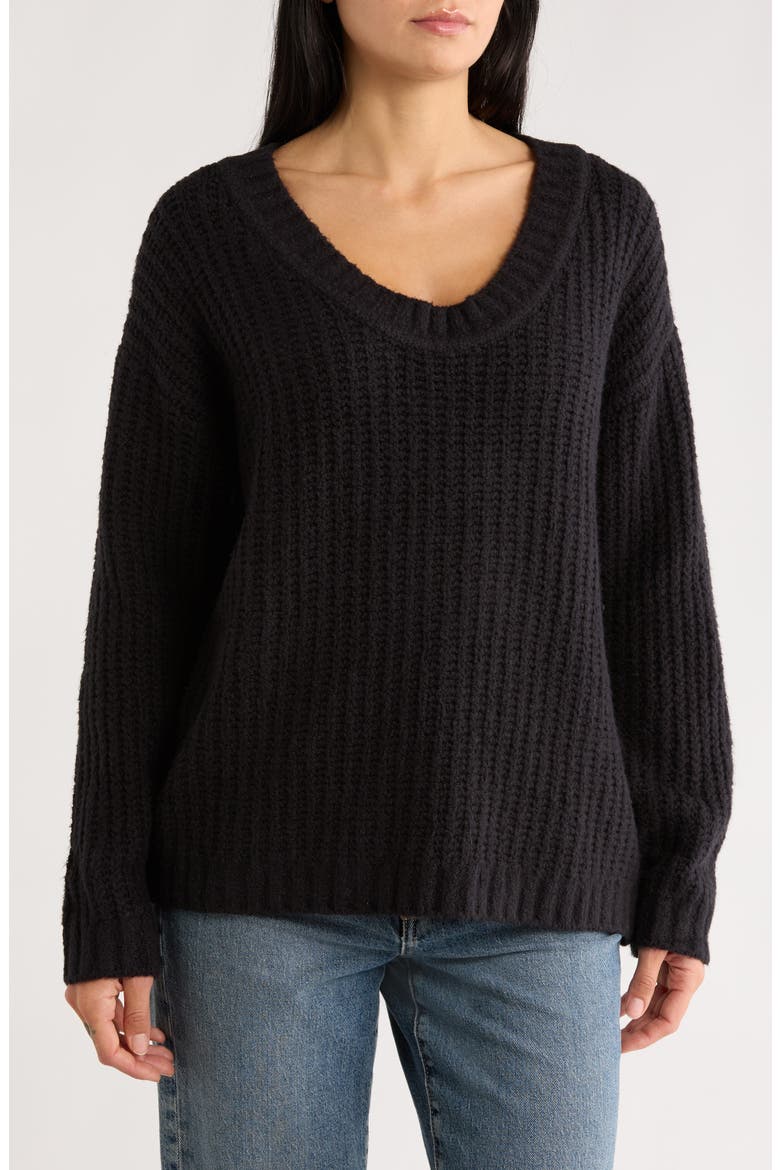 Open Stitch V-Neck Pullover, Main, color, BLACK