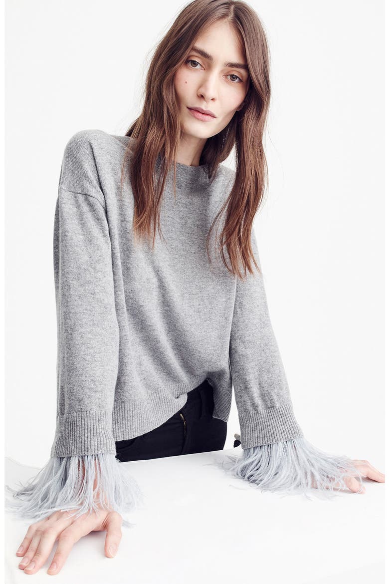 Feather Sleeve Crewneck Sweater, Alternate, color, HEATHER GREY