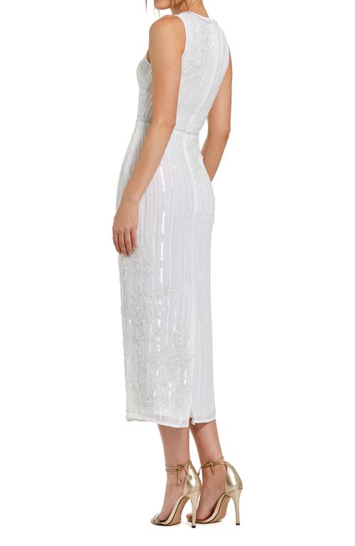 Mac Duggal Striped Floral Embellished Sleeveless Midi Dress In White