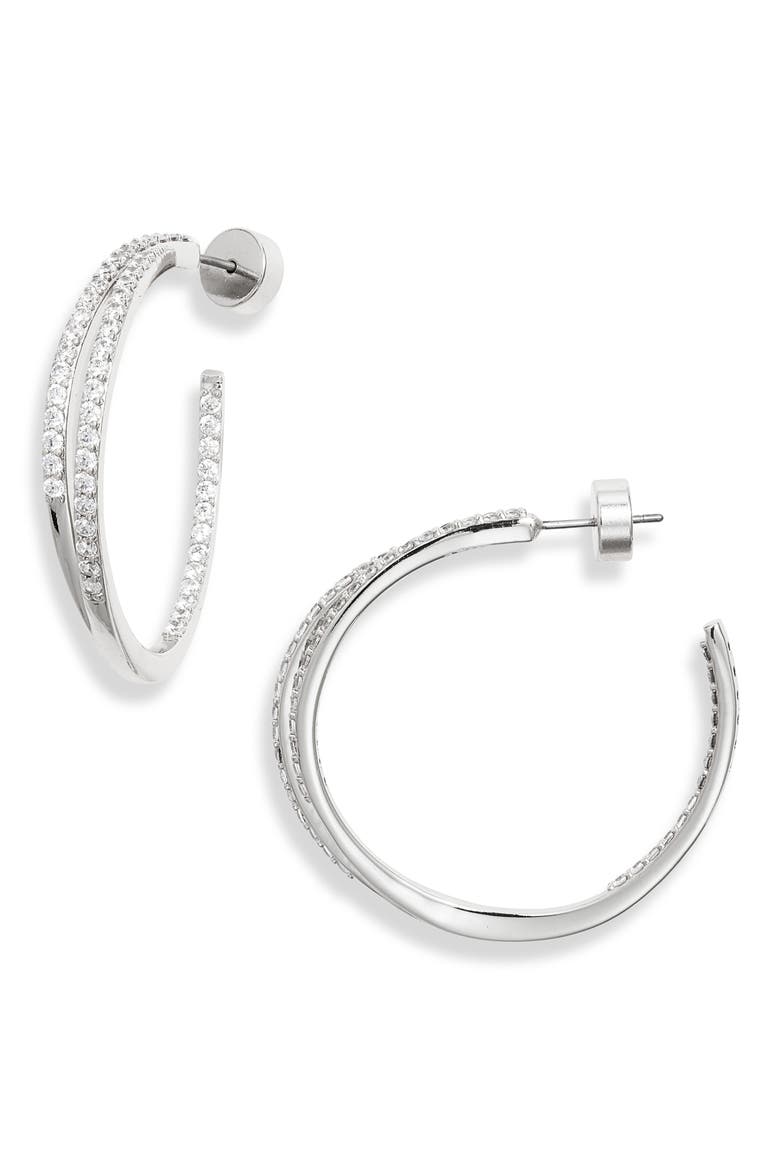Pavé Double Hoop Earrings, Main, color, CLEAR- SILVER