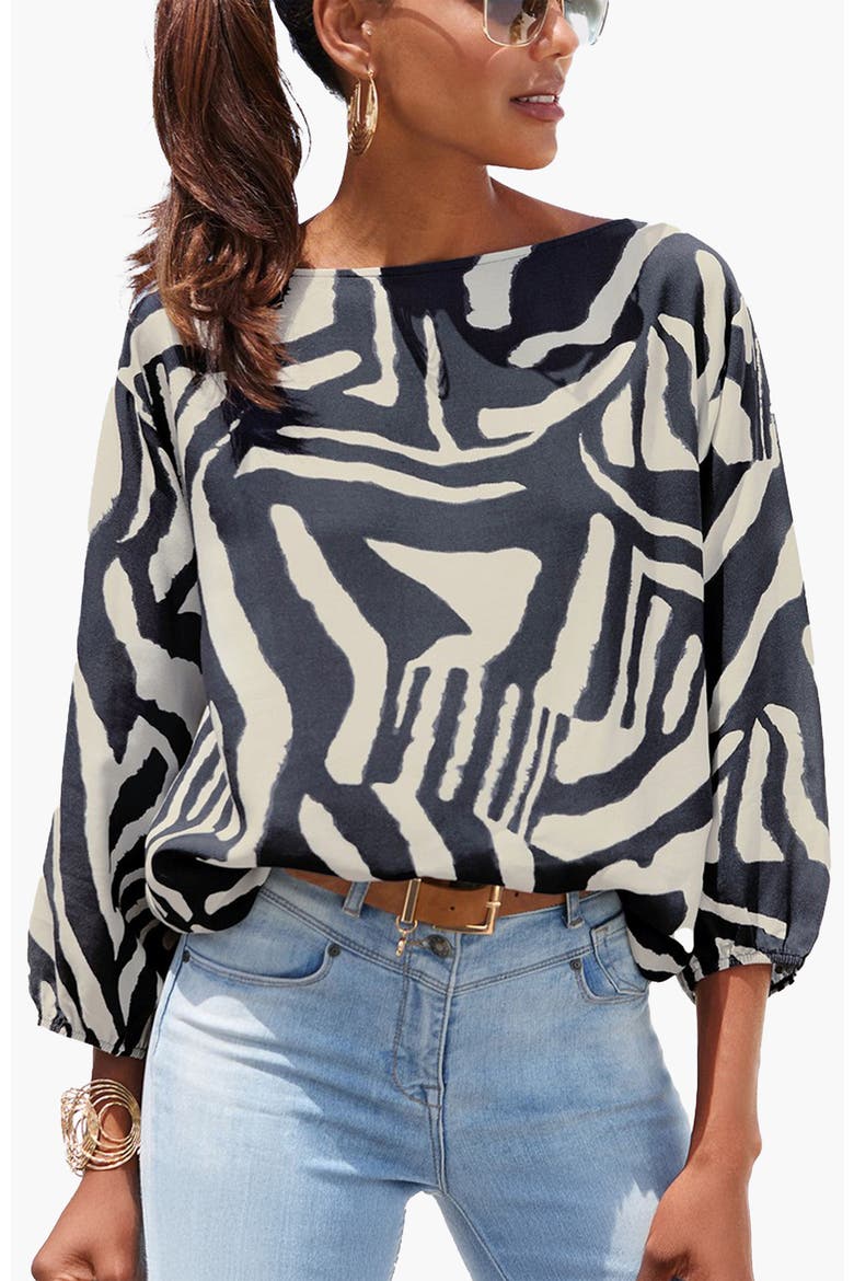 Boat Neck Balloon Sleeve Blouse, Main, color, Ivory Navy