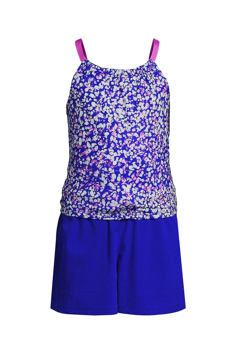Girls Chlorine Resistant Tankini Top Woven Short Set, Alternate, color, Electric Blue Mosaic Dot