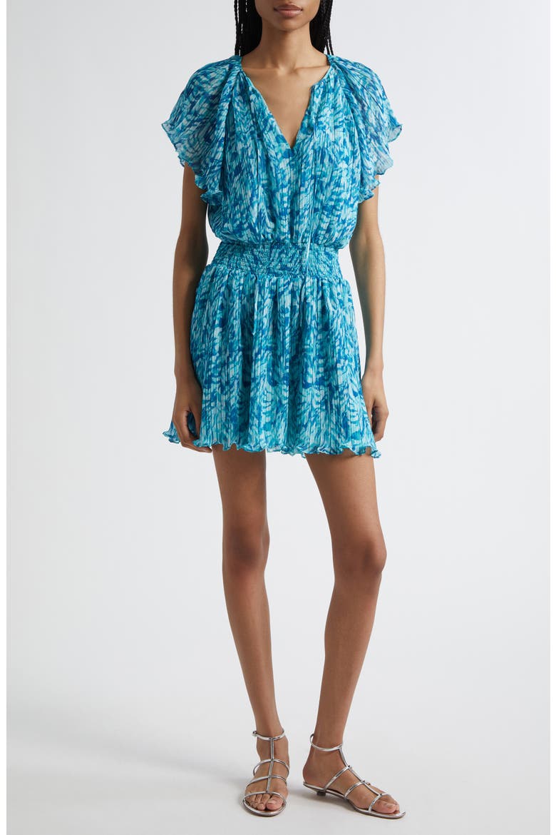 Felicia Plissé Flutter Sleeve Minidress, Main, color, BEACH BLUE TULUM