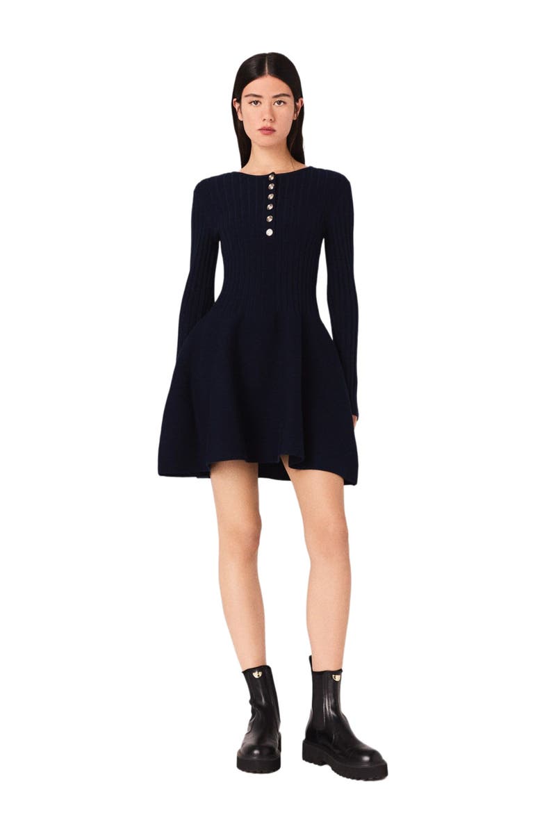 maje Mini knit dress with flared skirt, Main, color, Navy