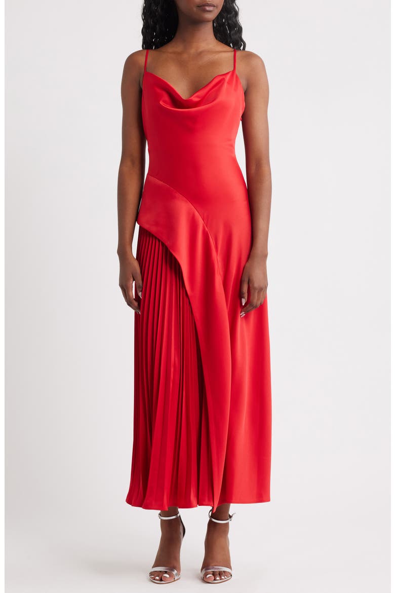 Raisa Pleat Detail Satin Slipdress, Main, color, RED