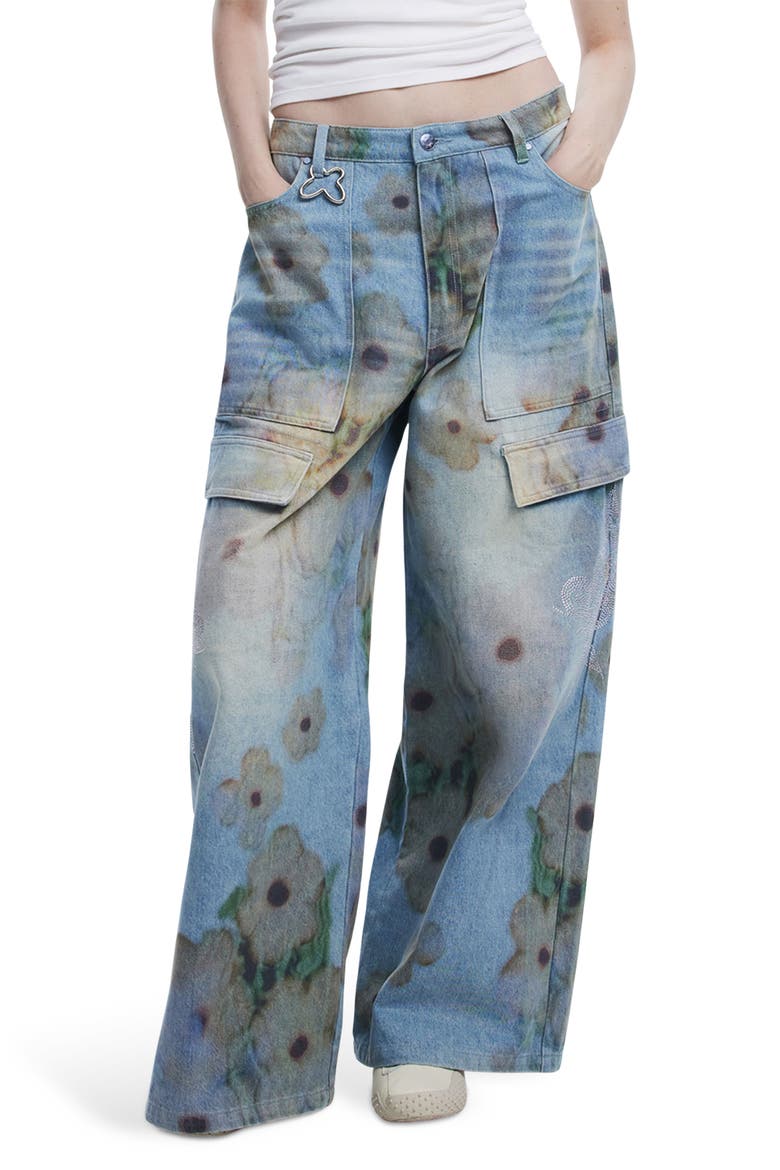 Flower Print Cargo Jeans, Main, color, LIGHT BLUE