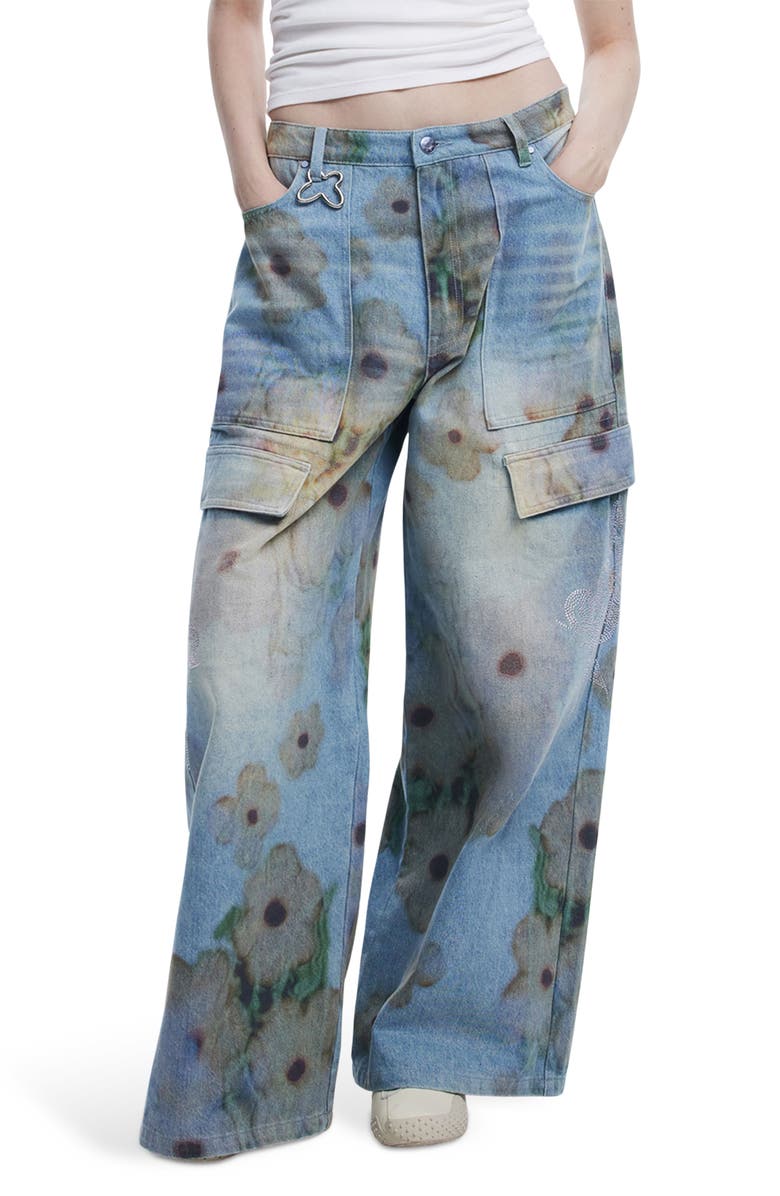 Desigual Flower Print Cargo Jeans, Main, color, Light Blue