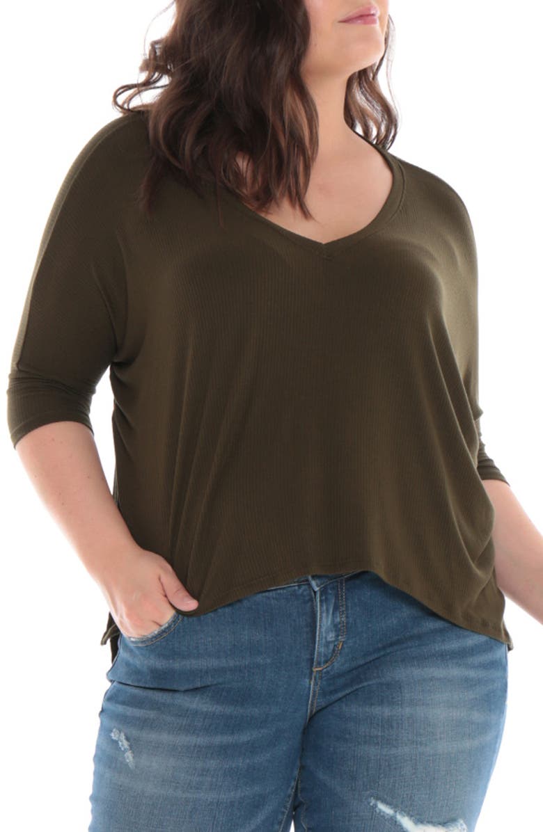 SLINK Jeans Ribbed V-Neck Top, Main, color, Dark Olive
