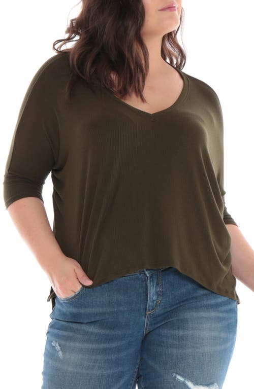 SLINK Jeans Ribbed V-Neck Top in Dark Olive 