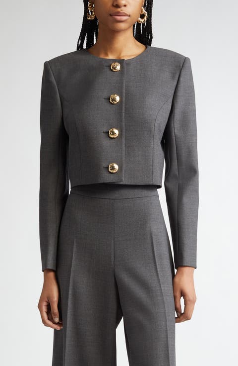 Collarless Stretch Virgin Wool Crop Jacket