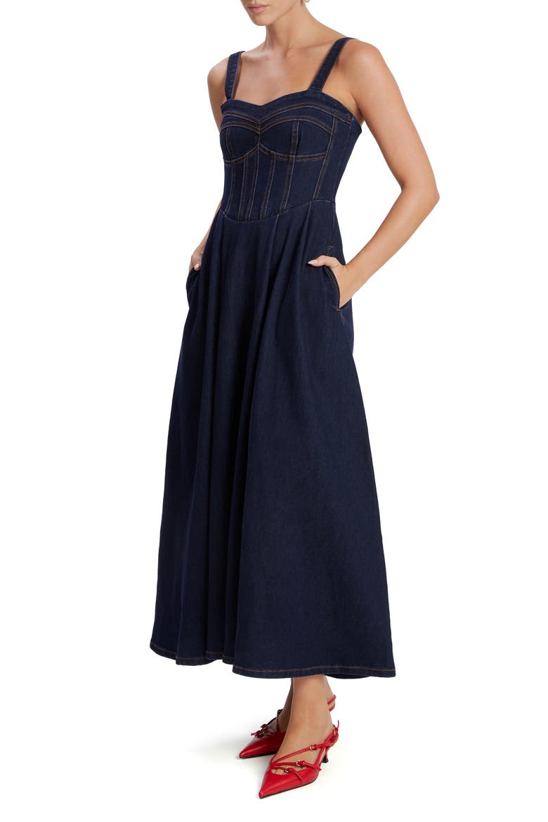 Lilah Corset Denim Midi Dress, Alternate, color, DARK