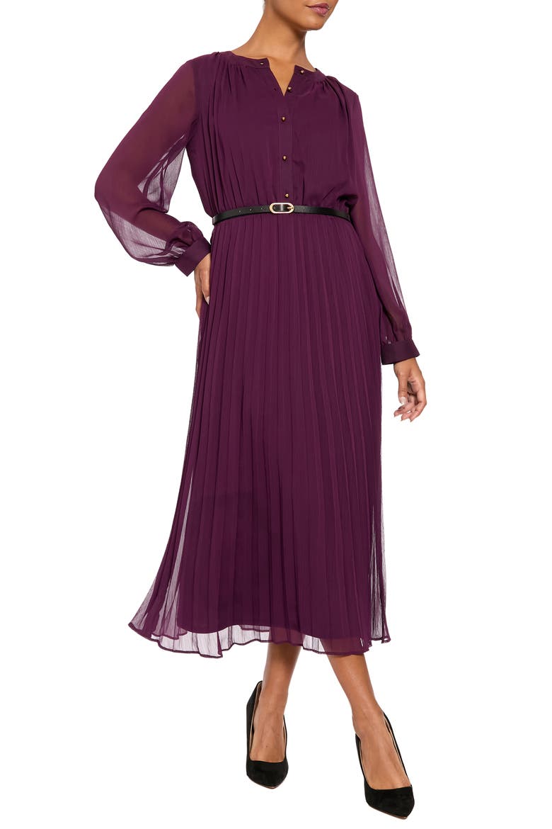 Pleated Long Sleeve Midi Shirtdress, Main, color, PLUM