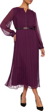 London Times Pleated Long Sleeve Midi Shirtdress