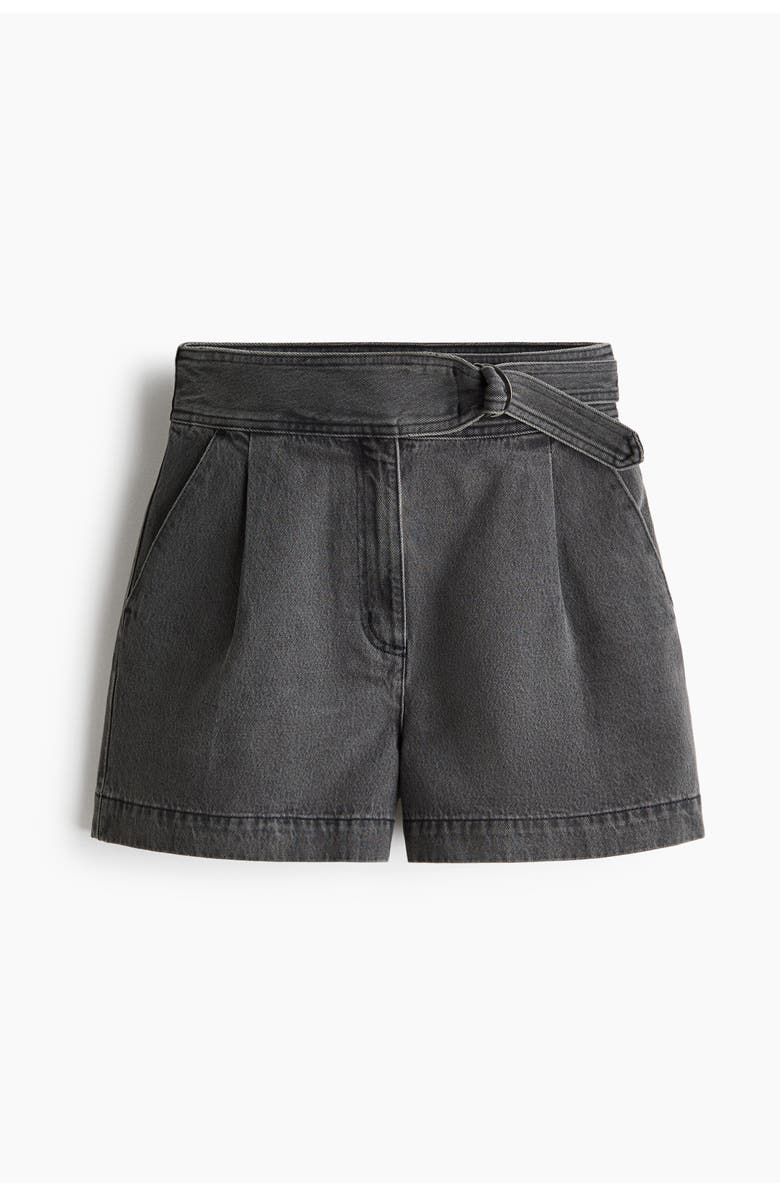 H&M Belted Denim Shorts, Main, color, Dark Gray