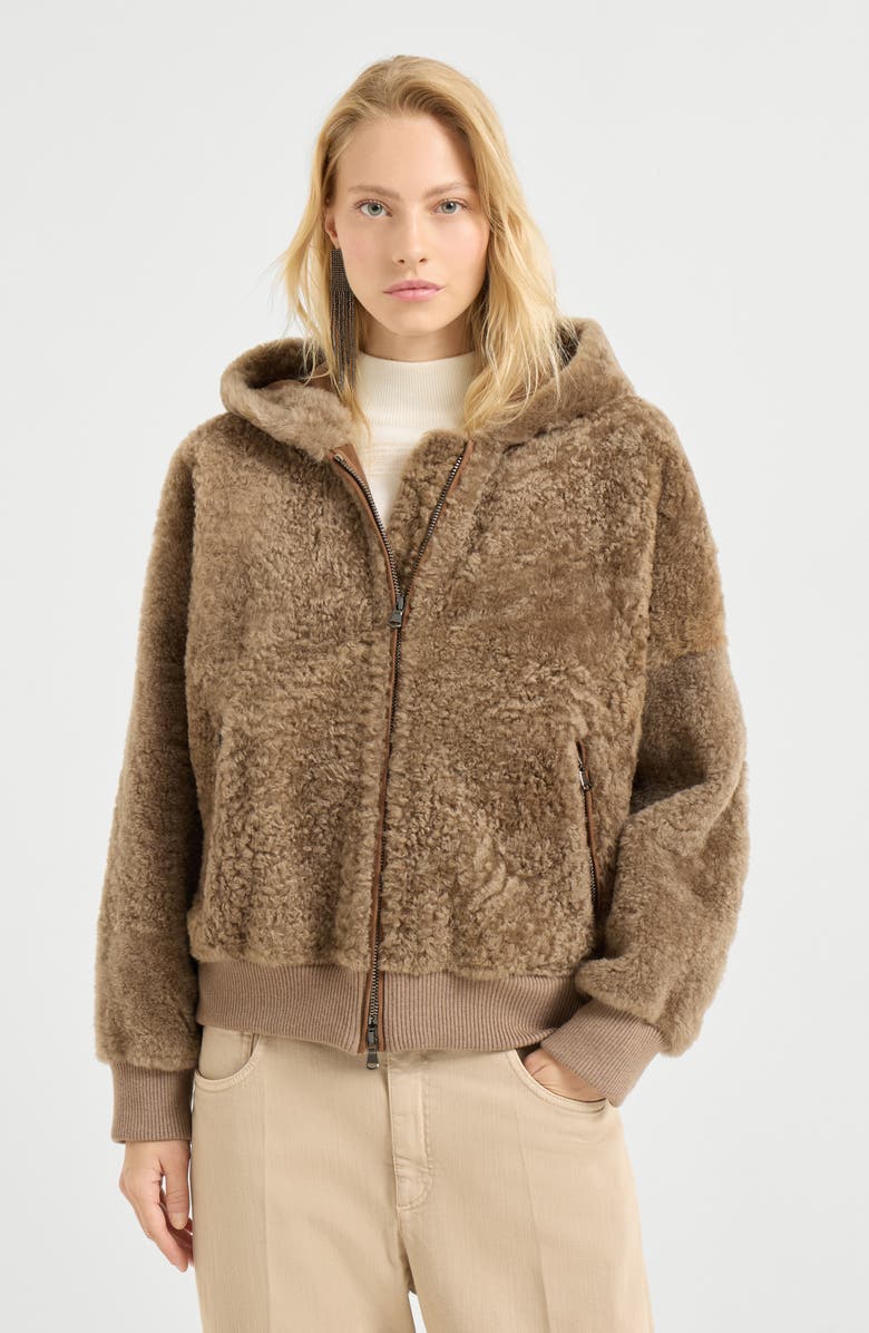 Brunello Cucinelli Fuzzy shearling outerwear jacket, Alternate, color, Brown