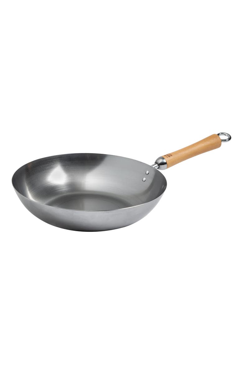 Uncoated Carbon Steel Stir Fry Pan with Birch Handle, 12-Inch, Main, color, Metallic Silver