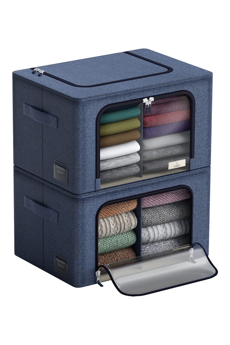 Set of 2 Stackable Foldable Organizer Bins, Alternate, color, BLUE