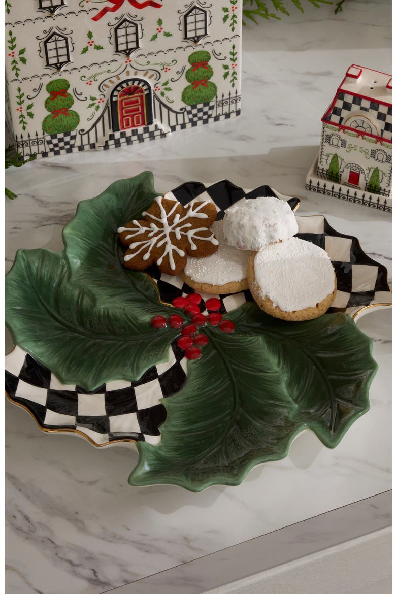 Holly Leaf Ceramic Serving Plate, Alternate, color, GREEN