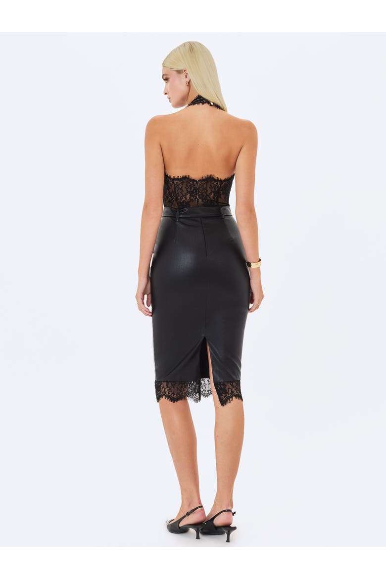 Fiera Deep V Plunging Halter Belted Lace Midi Dress, Alternate, color, Black