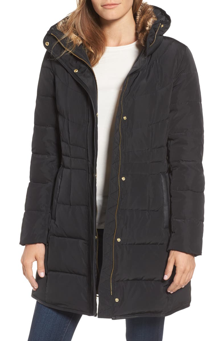 Cole Haan Quilted Down & Feather Fill Jacket with Faux Fur Trim, Main, color, Black