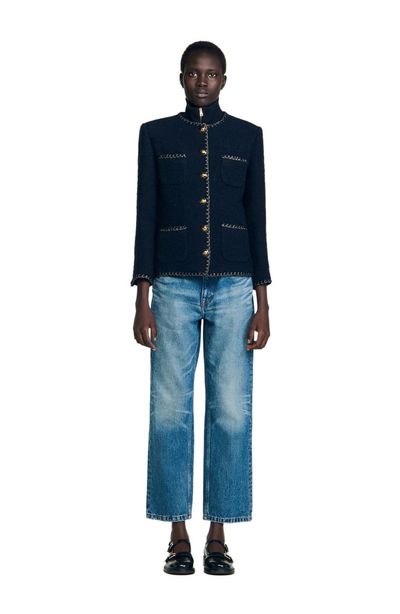 SANDRO Tweed jacket with removable collar, Alternate, color, Navy Blue