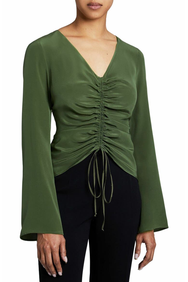 RAVELA Bell Sleeve Silk Blouse with Front Center Drawstring, Main, color, MOSS