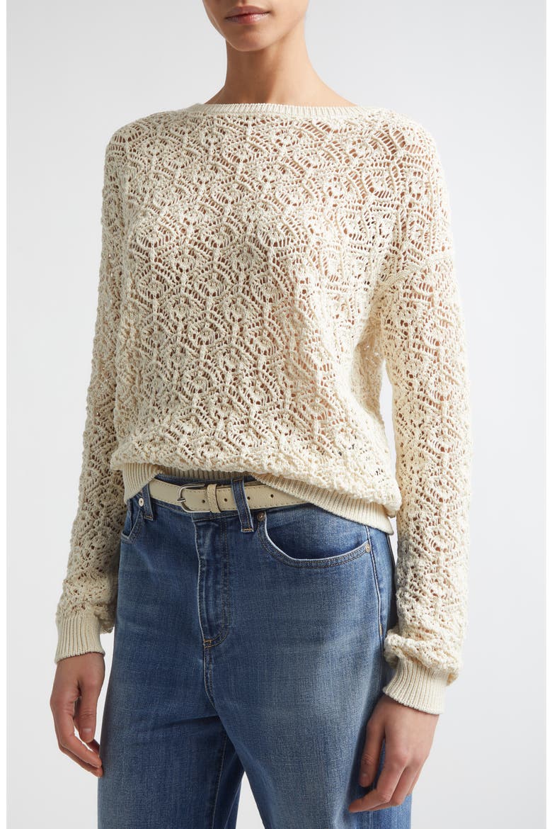 Open Stitch Cotton Crewneck Sweater, Alternate, color, 00 IVORY
