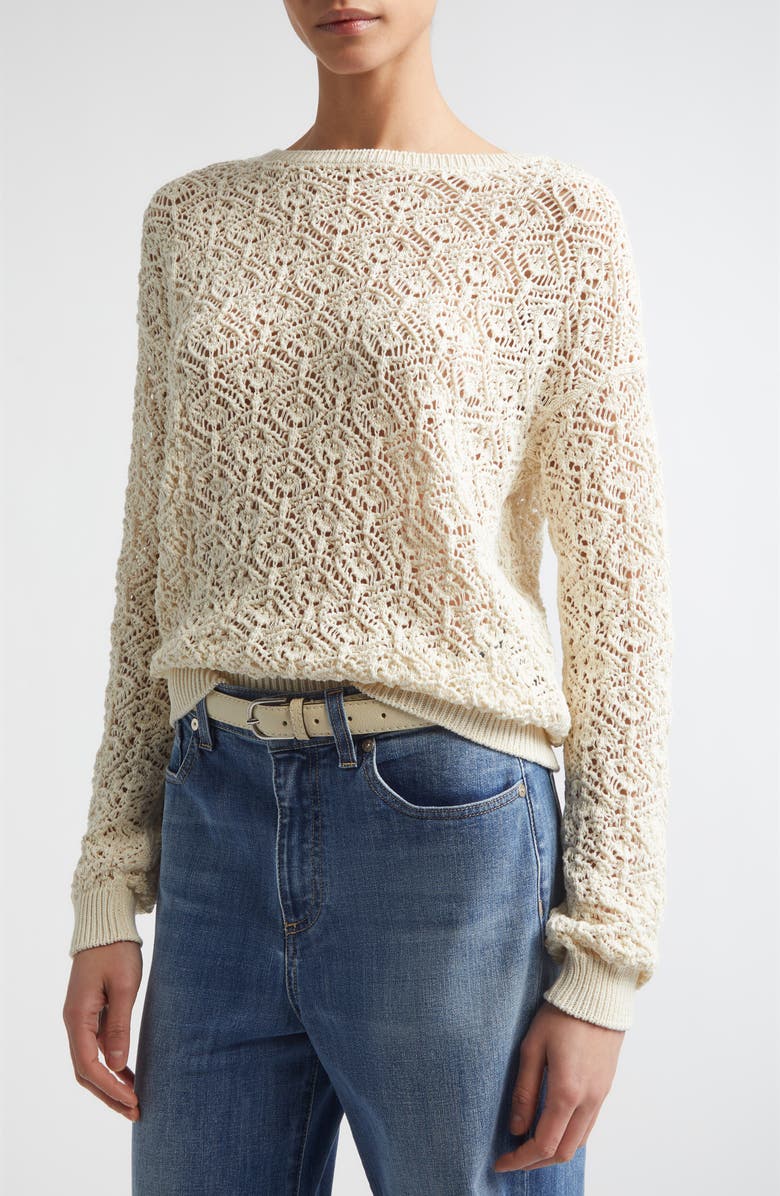 Eleventy Open Stitch Cotton Crewneck Sweater, Alternate, color, 00 Ivory