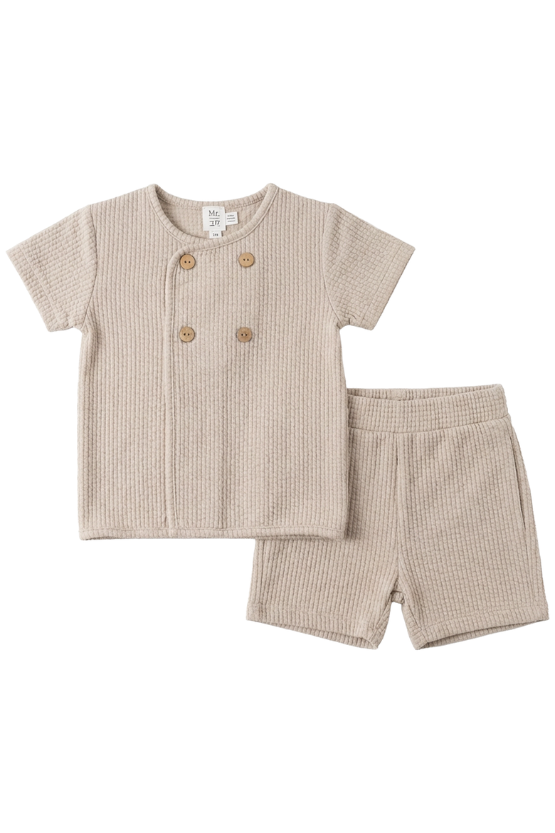 Seersucker Wrap Short Sleeve Top and Shorts Set, Main, color, Beige
