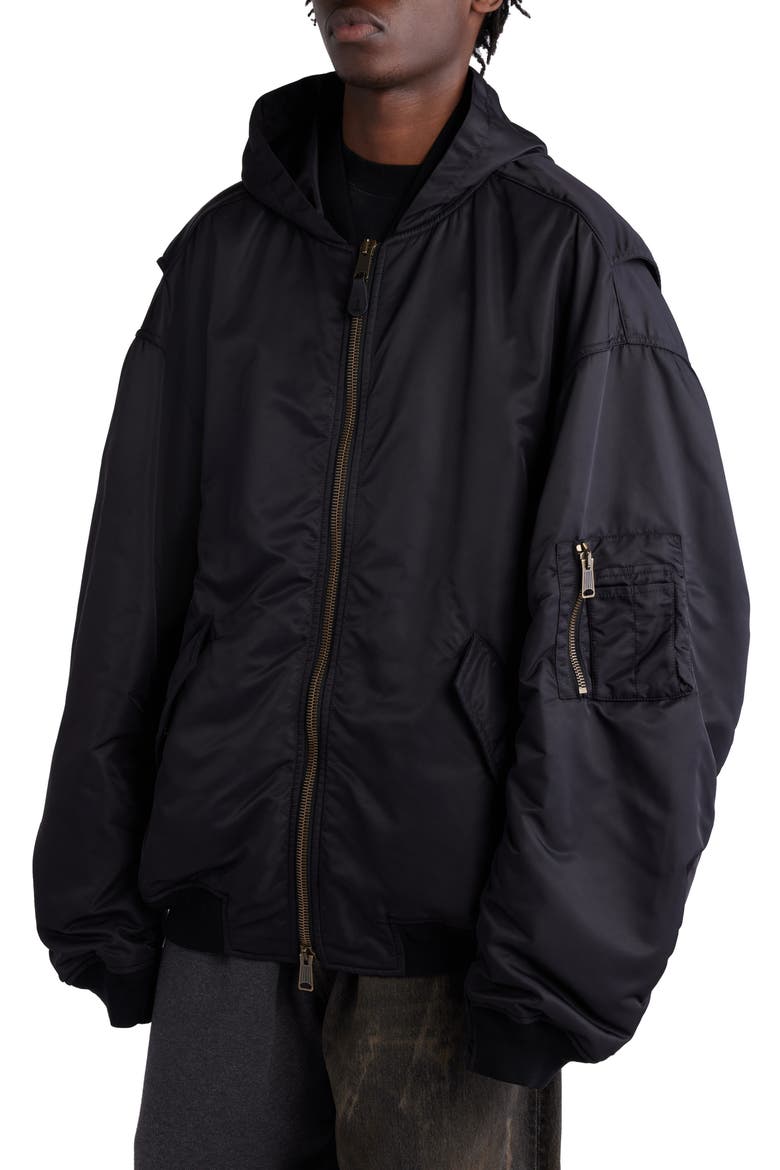 Tape Logo Oversize Hooded Bomber Jacket, Alternate, color, BLACK