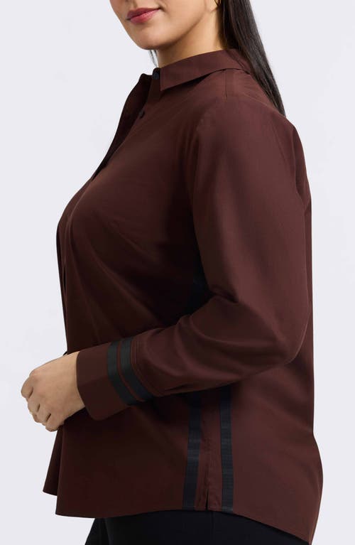 Foxcroft Brooke Grosgrain Trim Cotton Button-up Shirt In Brown