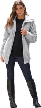 Roaman's Plus Size High Collar Teddy Fleece Bomber