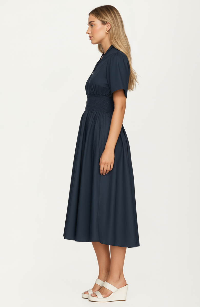 Knit and Lounge Zip-Front Smocked Waist Short Sleeve Midi Dress, Alternate, color, Navy