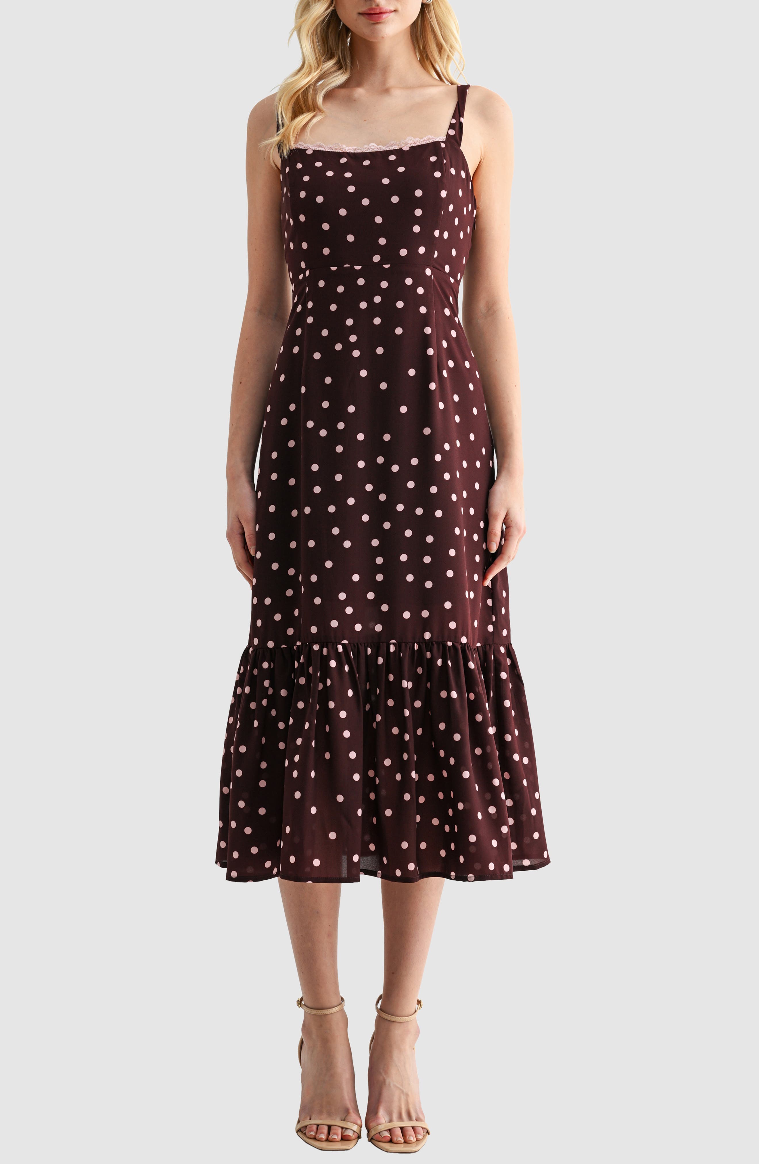 Lush Polka Dot Tiered A-Line Midi Dress