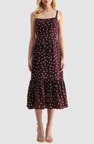 Lush Polka Dot Tiered A-Line Midi Dress