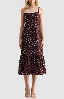 Lush Polka Dot Tiered A-Line Midi Dress