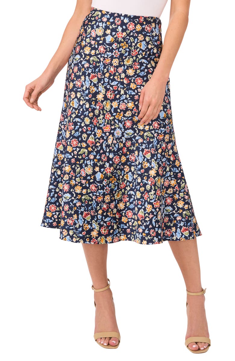 CeCe Floral Bias Cut Midi Skirt, Main, color, 