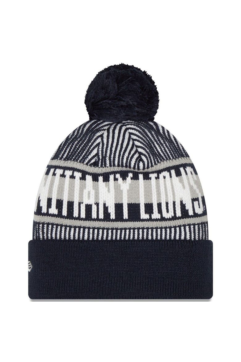 Men's New Era  Navy Penn State Nittany Lions Logo Striped Cuff Knit Hat with Pom, Alternate, color, Navy